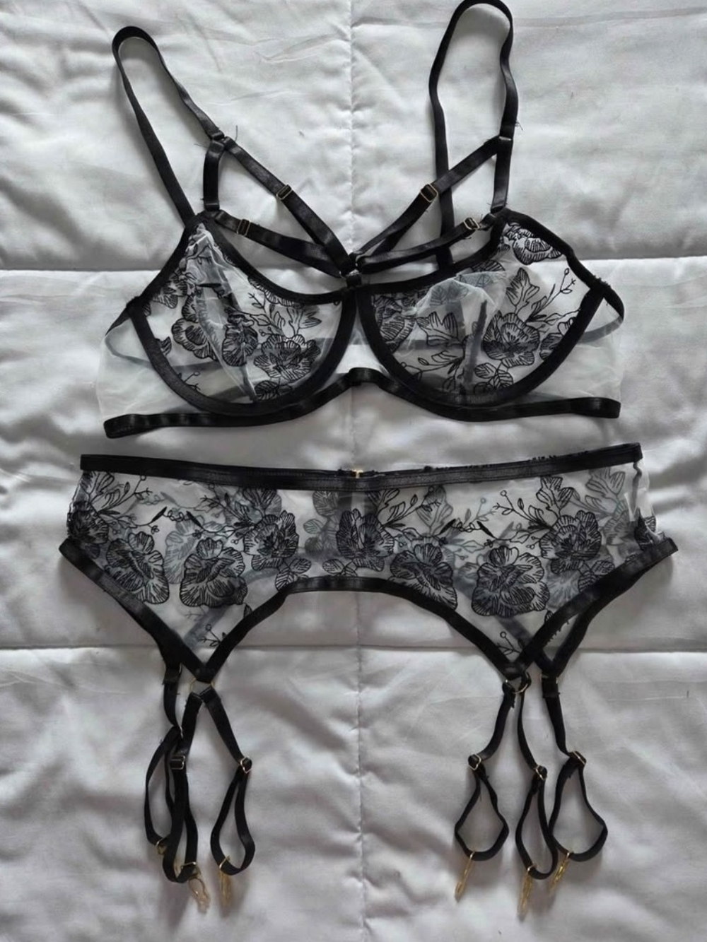 Black Floral Sheer Mesh Bra & Garter Set
